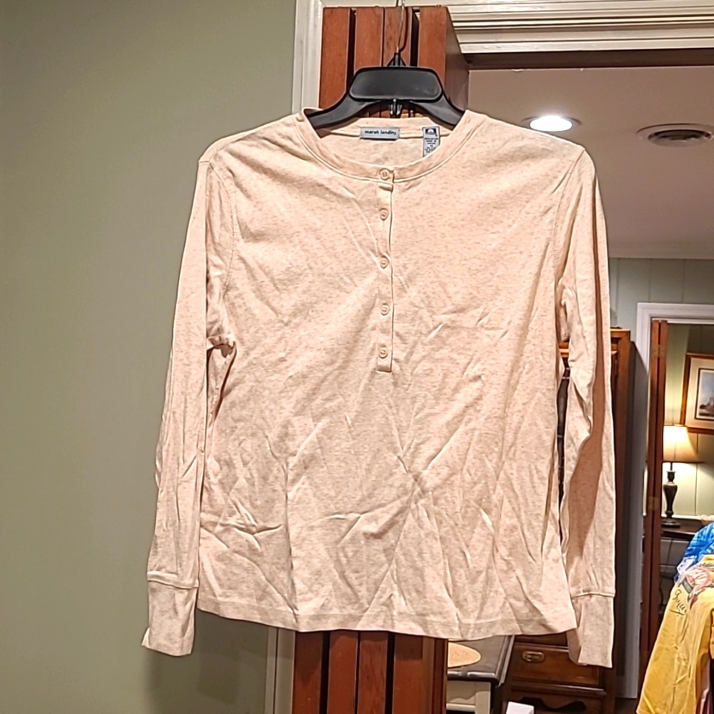 Ladies long sleeve pullover T-shirt. Size M. Tan color with front top buttons.
